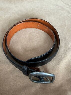 Harold's Black Leather Belt with Brown Interior and Antique Silver Buckle